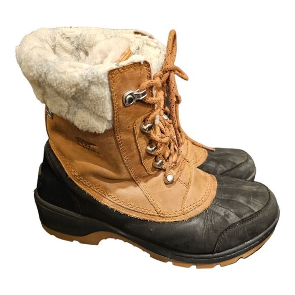 SOREL Whistler Lace Up Camel Black Waterproof Winter Snow Booties - Size 9 - Picture 1 of 11